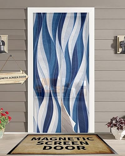 Puerta magnética azul geométrica para puertas correderassimplesfrancesas, imanes autosellantes, cortina de malla resistente, rayas minimalistas