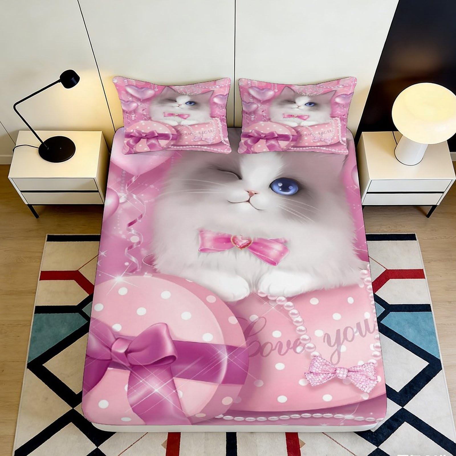 Qjzxknhpgr Style-1 3D Printed Cute Cat Pink Fitted Sheet Microfiber Soft Bed Sheet Bow Decor For Bedroom Dorm Mattress Protection 90X200x25cm