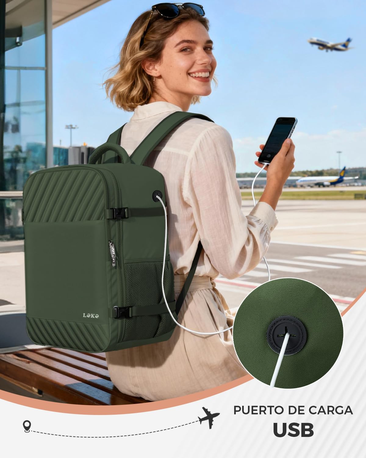 Mochila Viaje Cabina Avion 40x20x25 Mujer Ryanair Equipaje de Mano 40x20x25 Mochila Viaje para Portatil 14 Pulgadas Impermeable Bolsa de Viaje para Trabajo, Escuelas (20L, Verde)