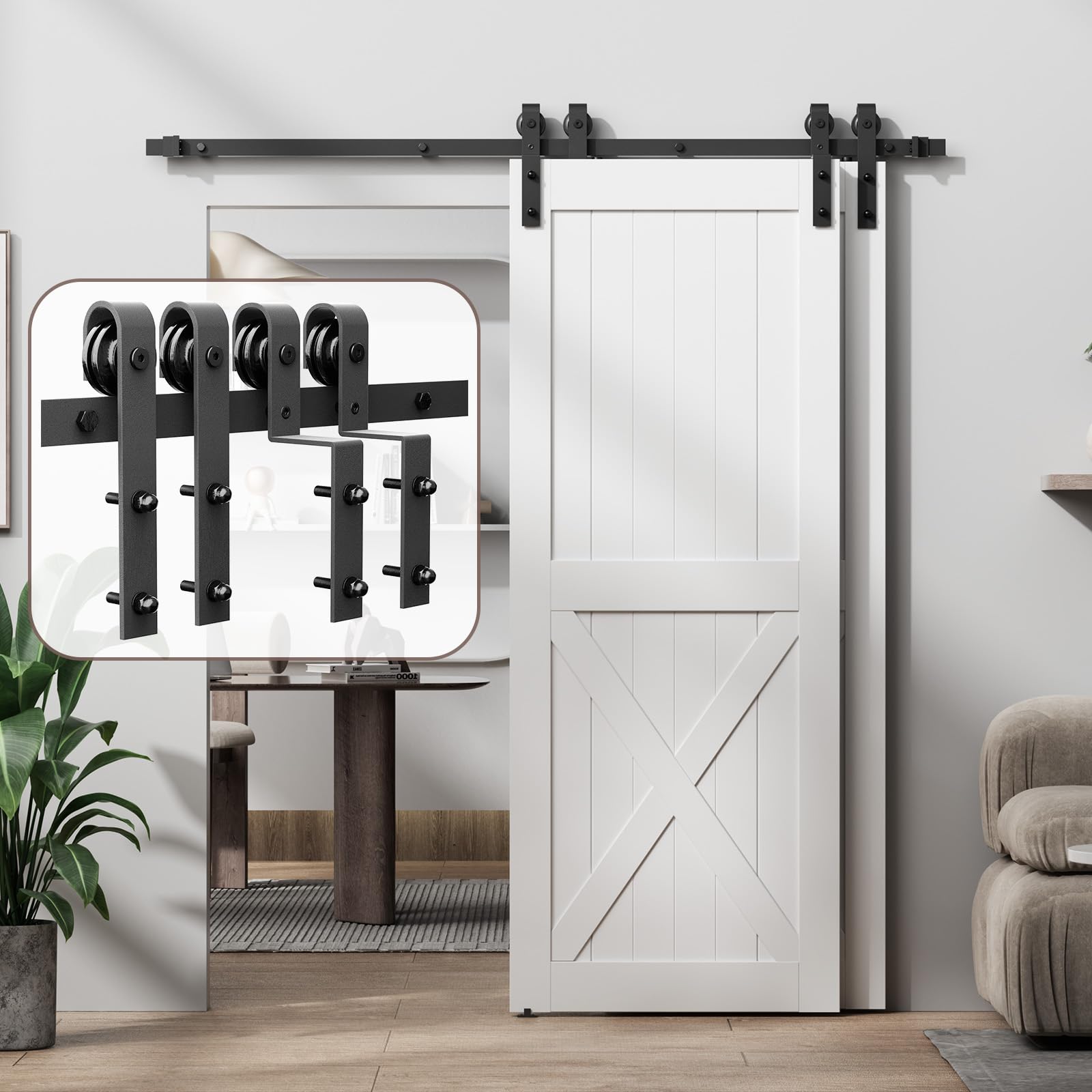 5FT Bypass Sliding Barn Door Hardware Kit, Single Track for Double Door,Heavy Duty,Basic J Pulley,Slide Smoothly Quietly,Easy Install (No Door)