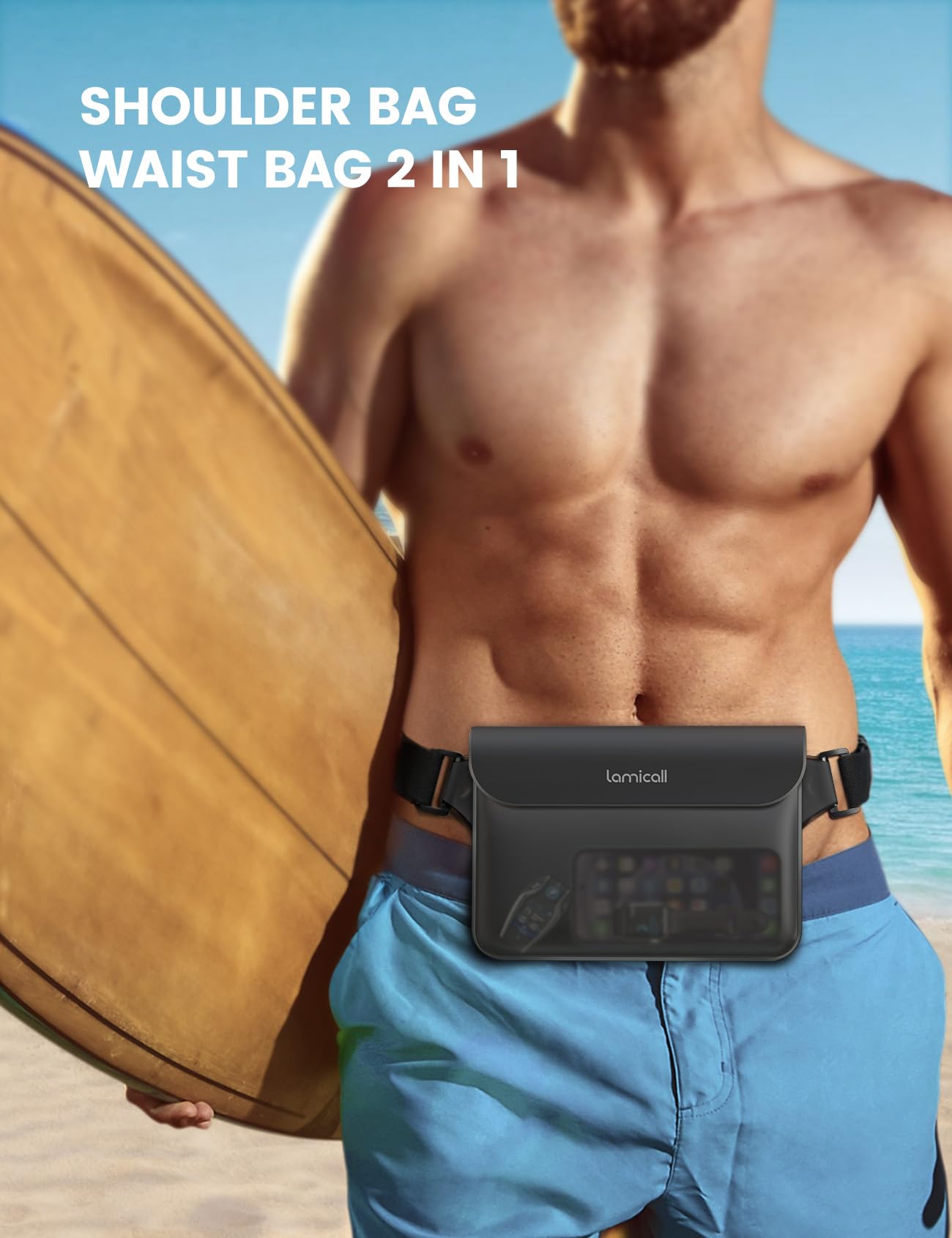 Lamicall Borsa Impermeabile IPX8 - [2 Pezzi] Marsupio Impermeabile con Cintura Elastica Regolabile, Sacca Impermeabile per Spiaggia, Nuoto, Pesca, Campeggio, Kayak, fino a 8,7"