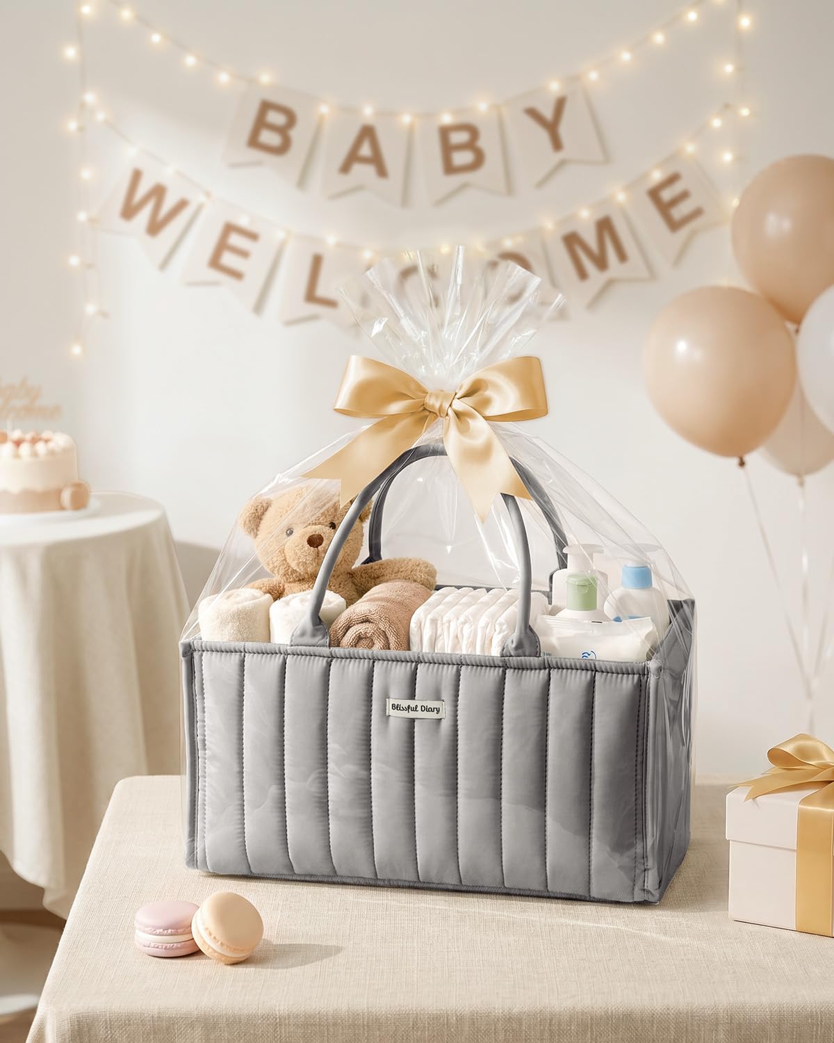 Blissful Diary Cestino per pannolini, per baby shower, per neonati o ragazze, organizer per pannolini, registro dei regali per neonati e neonati indispensabili, grigio chiaro