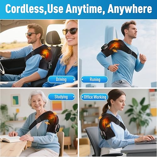 Miniatura 8 de Envoltura de hombro calentada con masaje, almohadillas térmicas de hombro inalámbricas para dolor de manguito rotador, soporte de hombro calentado