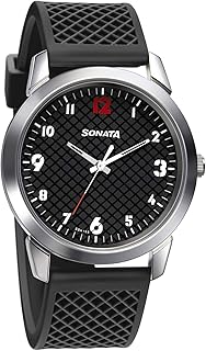 ساعة يد بنقشة مربعات انالوج بعقارب NN77107SP02W/NP77107SP02W بسوار اسود- للرجال من سوناتا سمارت, أسود