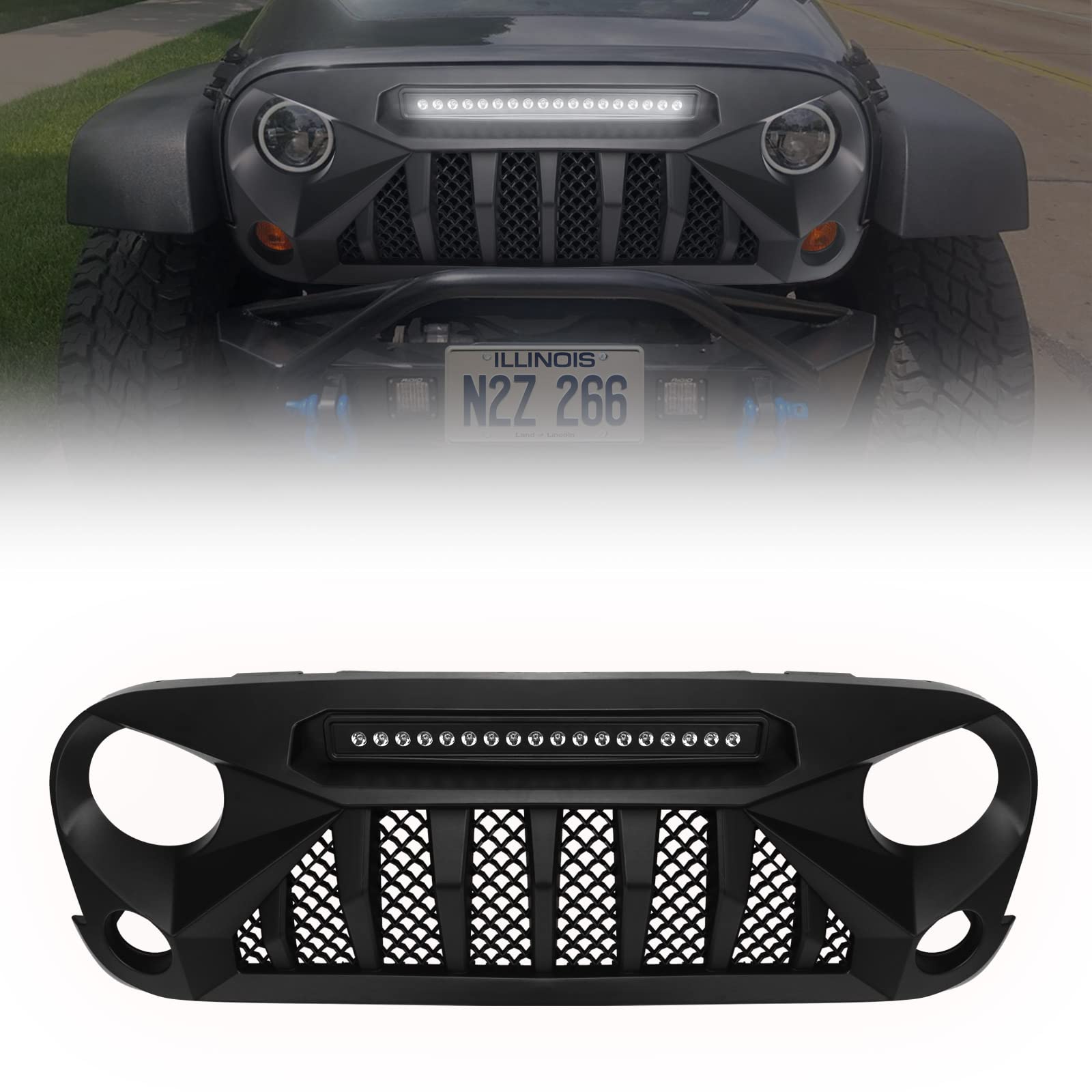 Photo 1 of DKMGHT Front Grill with Mesh Matte Black Mid Light Grille For 2007-2018 Jeep Wrangler Rubicon Sahara Sport JK for Jeep Wrangler JK JKU 2007-2018 JK07-18 Mid Light