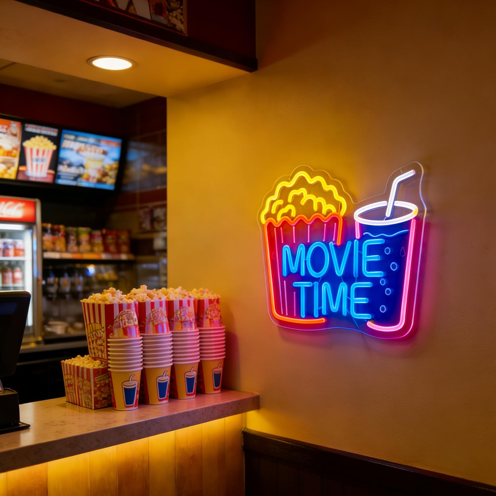 Movie Time - Insegna al neon con popcorn e bevande, luce LED dimmerabile per Home Theater e cinema, decorazione per la camera da letto, regalo per gli amanti del cinema (38 x 30 cm)