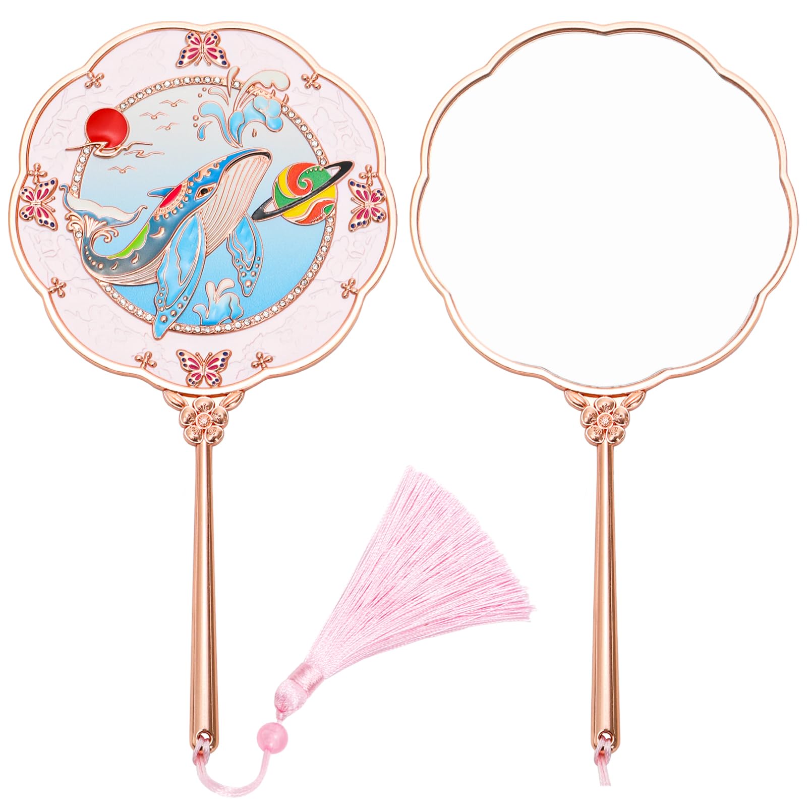 Vintage Handheld Mirror, Metal Hand Mirror with Mythical Creature Embossed Patterns, Portable Flower Shape Makeup Craft Cosmetic Mirror with Tassel for Gift, Travel, Everyday Use-image-34