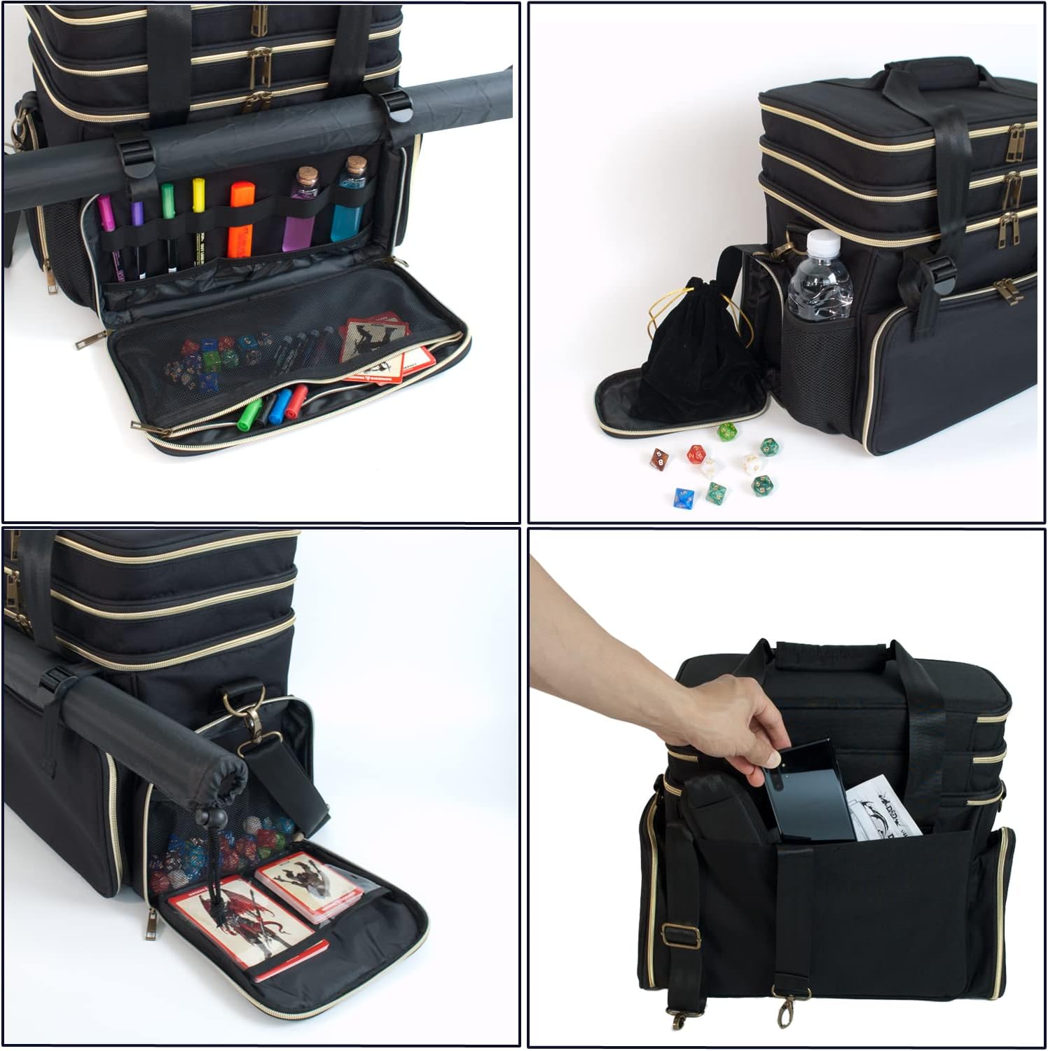 BoardGame, RPG Storage Travel Bag – Fits 44 Miniatures, 6-8 Books, Battle Map Holder, Dice & Token Pockets – Black