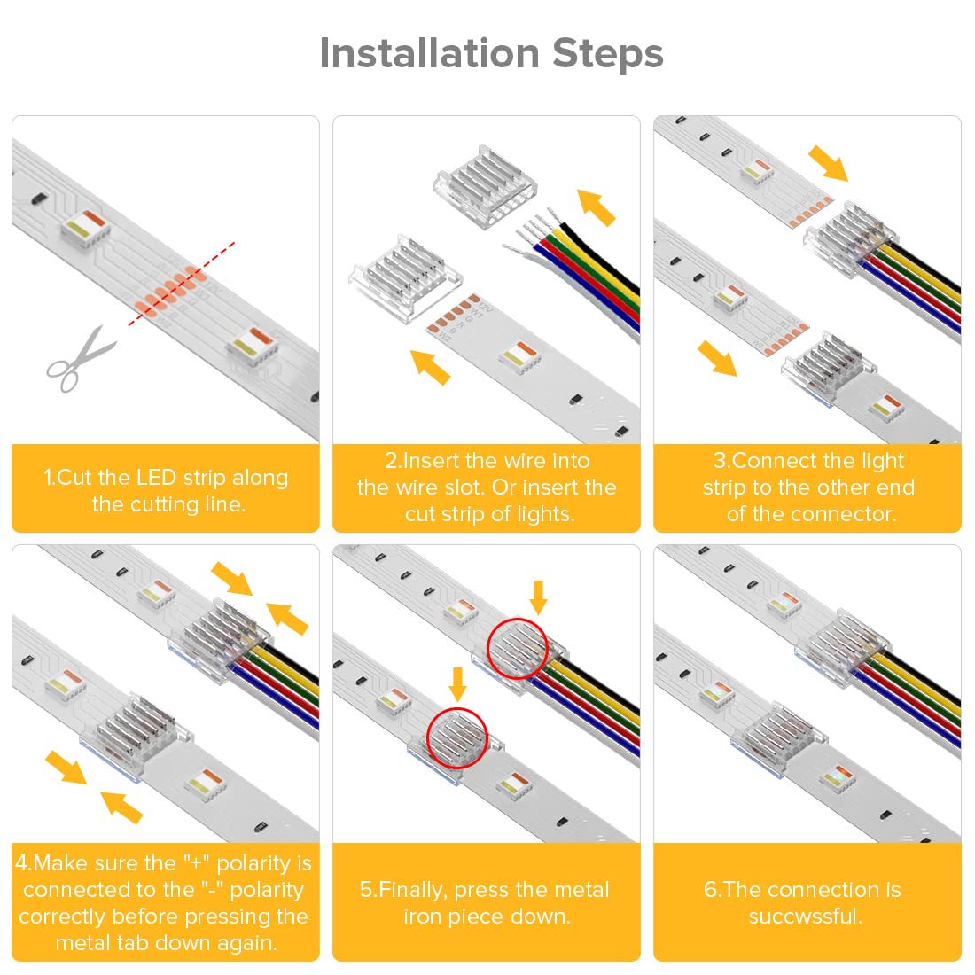 BTF-LIGHTING SMD 6 Pin 12mm 0.47in Width Transparent Connector Kit,4xGapless Solderless 8pcs Corner Connector, 4pcs 5.9in Long 22AWG Extension Wires,Support 5050 SMD RGBCCT LED Strip - Image 6