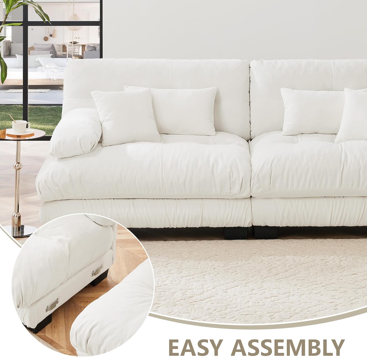 Modern 2-Seater Loveseat Sofa, 94.4" Chenille Comfy Cloud Sofa with 2 Lumbar Pillows & 2 Throw Pillows, Love Seat Couches for Living Room, Breathable Chenille Fabric, White