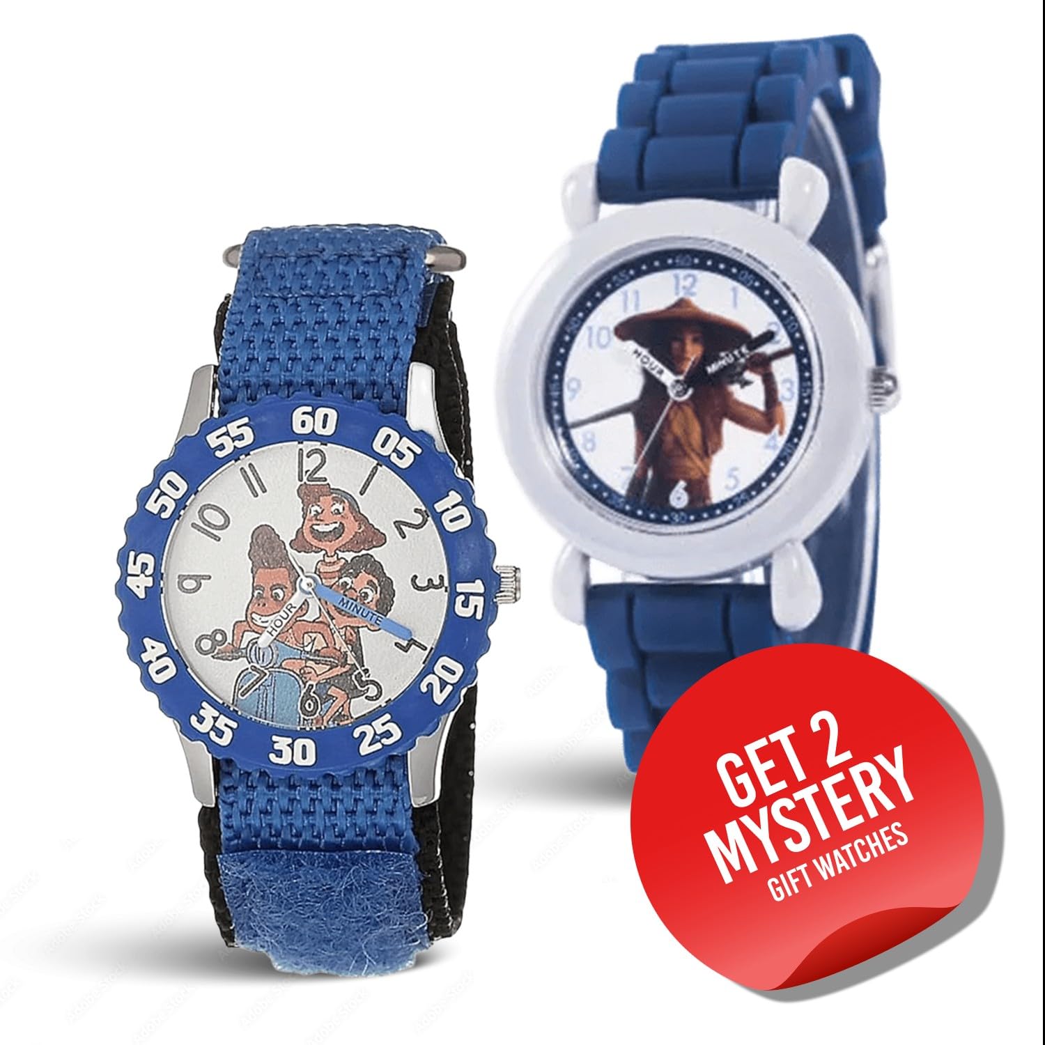 Disney Set di 2 orologi per bambini dai 4 ai 7 anni, con quadrante Luca e Raya, lunette blu e bianche con cinturini in nylon e silicone, regalo per ragazzi, ricevi 2 orologi misteriosi bonus