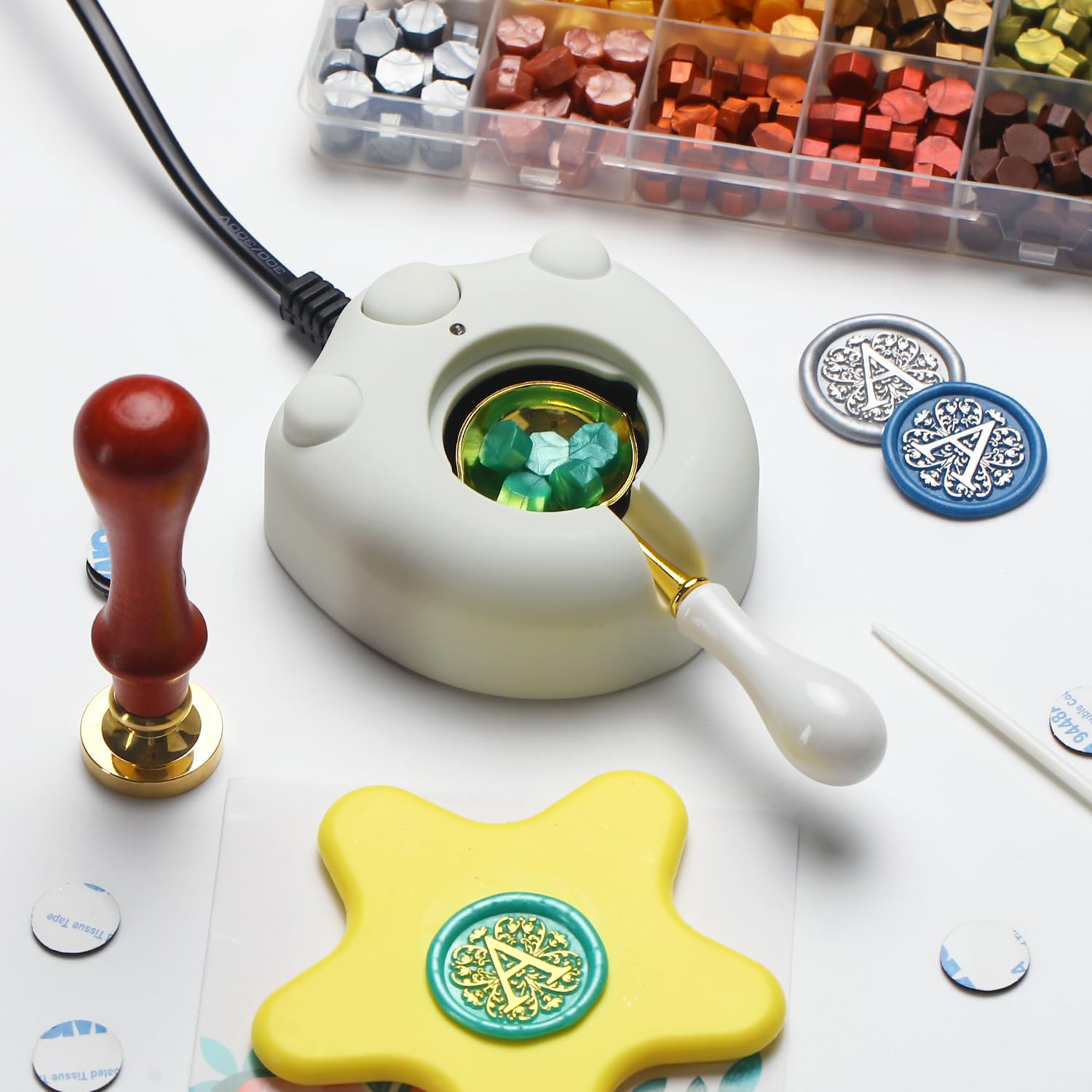 Flower Initial Alphabet R & Eucalyptus Wax Seal Stamp Kit with 2 Brass Heads Electric Wax Seal Warmer 600 Sealing Beads Ideal for Wedding Invitation Gift Wrapping Christmas (Floral R Kit)