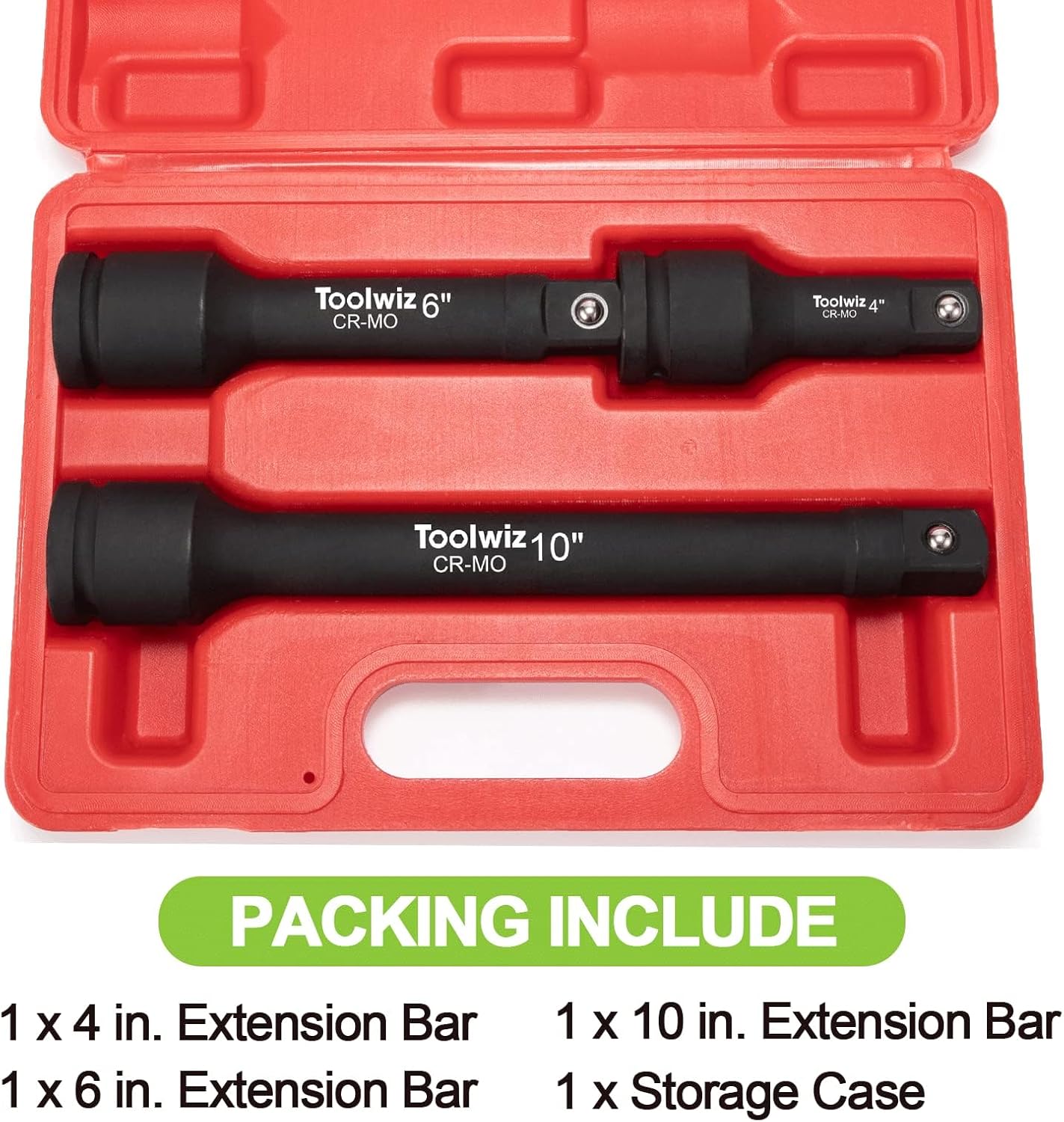 Toolwiz 3/4” Drive Impact Extension Bar 4”, 6”, 10” (3 Piece) Cr-Mo Steel, Expand the Range of Impact Drivers, Organized in PVC Box - Black 3/4 Ratchet Wrench Extension Bar Socket Set