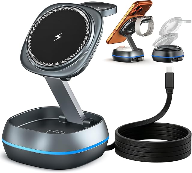 3 in 1 Wireless Charging Station, 15W Foldable Travel Magnetic Charger Stand with Built-in Retractable Cable, Magnetic Alignment Fast Charging Dock for iPhone 17/16/15/14/13/12 Series/iWatch/AirPods