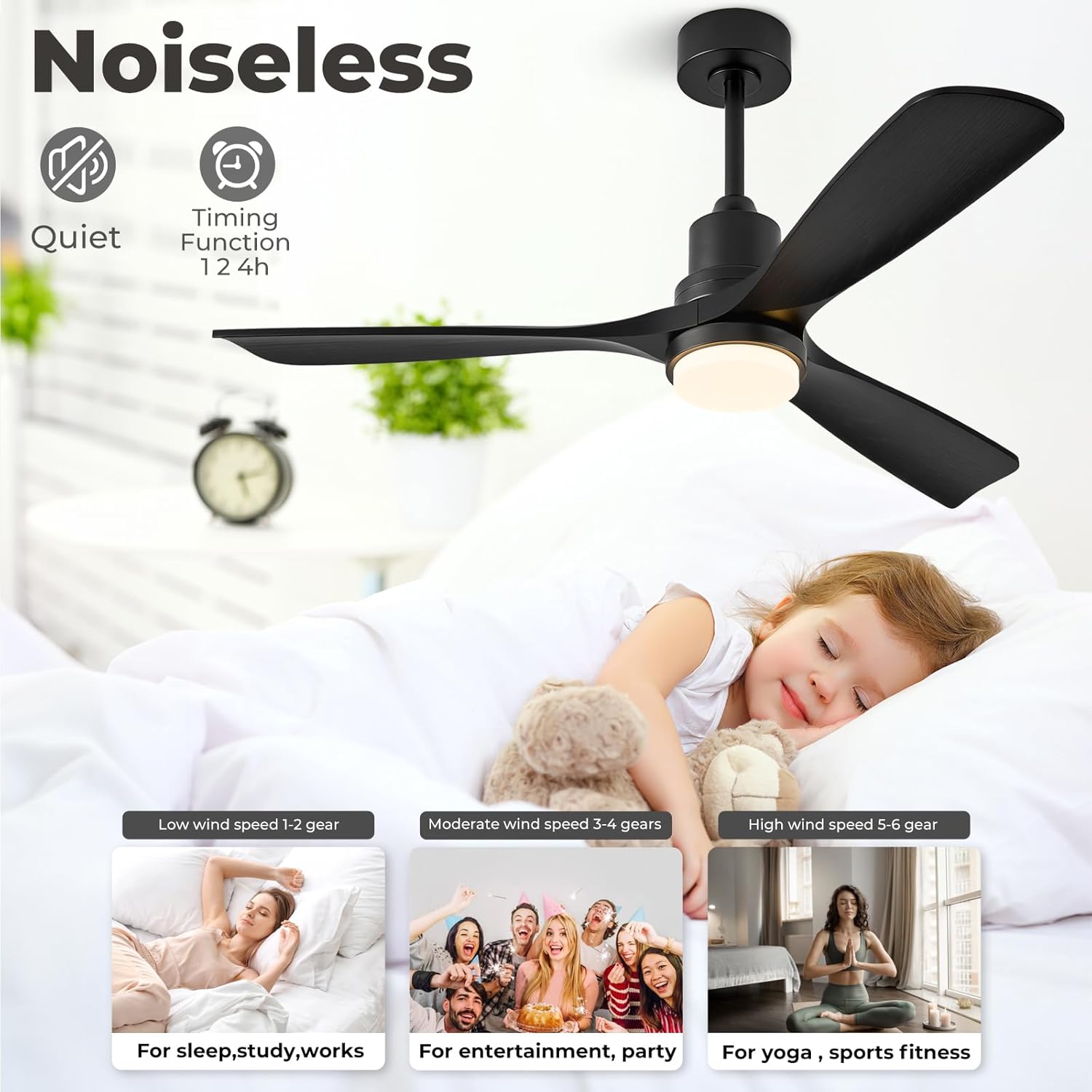 60 inch Smart Ceiling Fan with Lights,Outdoor Ceiling Fan 3 Wood Blades Works with Alexa/Gg Voice Control&App&Remote,Quiet DC Motor for Covered Patio Porch Bedroom,Black