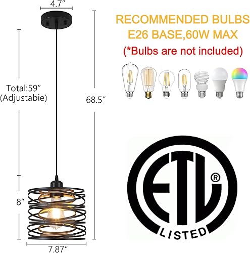 Miniatura 3 de Lámpara colgante, isla de cocina, lámparas colgantes de madera, granja, metal, iluminación colgante para comedor, dormitorio, bar, oficina, negro