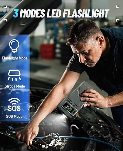 Miniatura 6 de Arrancador de salto de 9000 A con compresor de aire, cargador de coche portátil para automóvil con inflador de neumáticos de 150 PSI, vehículo de