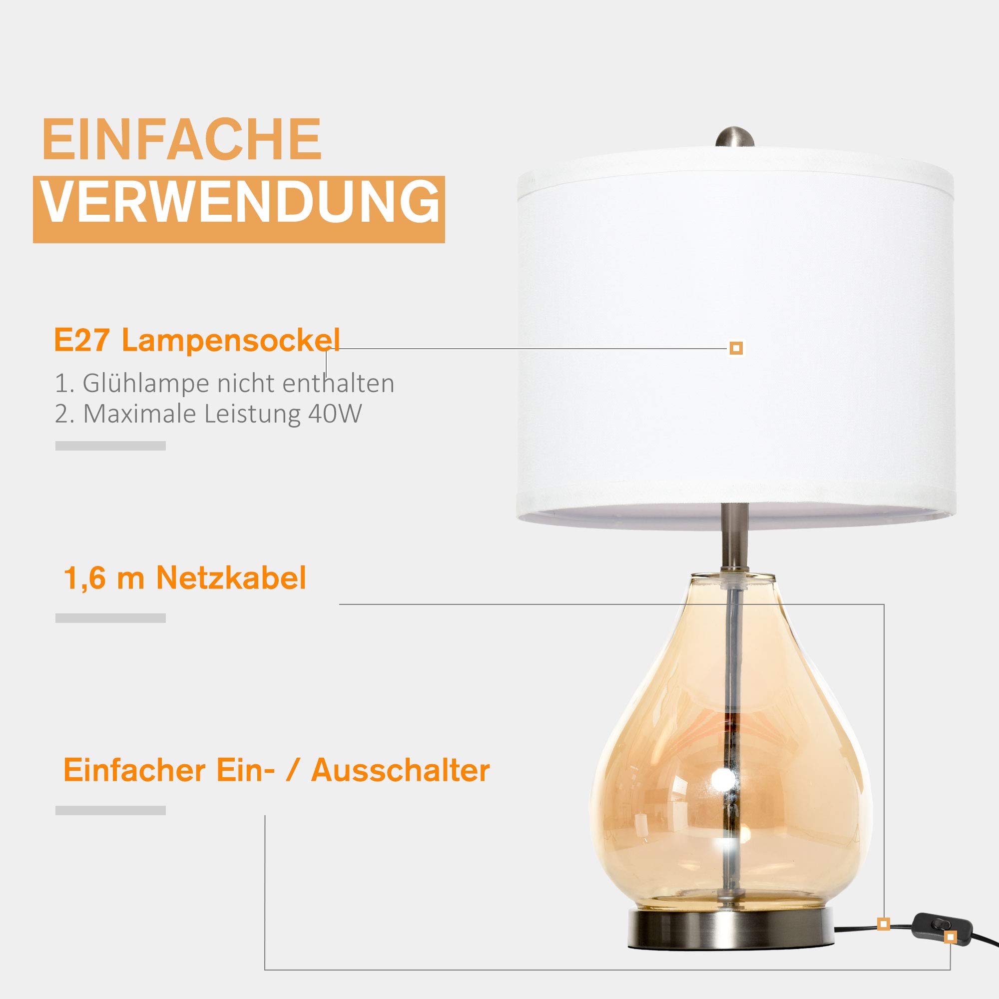 HOMCOM Tischlampe 2er-Set Tischleuchte mit Leinen-Lampenschirm, Glas tropfenförmigen Stangen, Nachttischlampe mit E27-Fassung, für Schlafzimmer, Wohnzimmer, Weiß