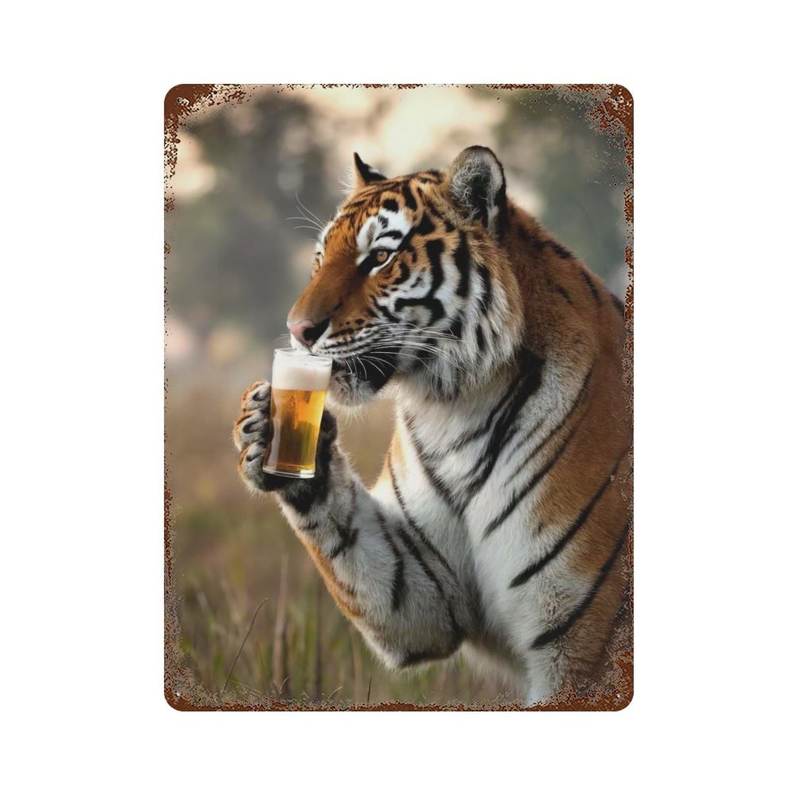 Tiger Sipping A Beer 15.7"x11.8" Aged Metal Wall Plaque, Retro Wall Decor for Farmhouse, Kitchen And Entryway Decor