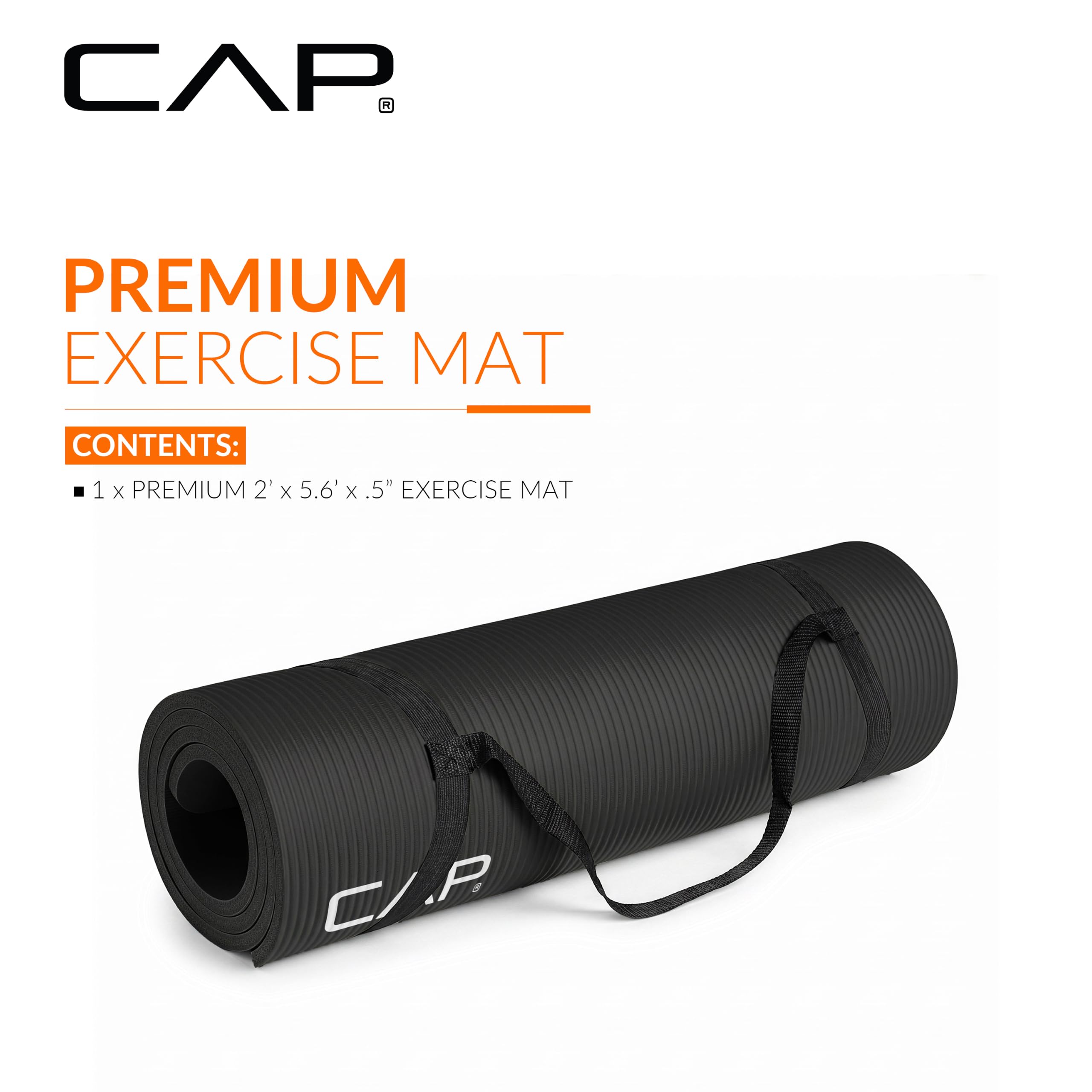 CAP 1/2" Thick Yoga Mat, Exercise & Workout Mat with Strap, Black view 2