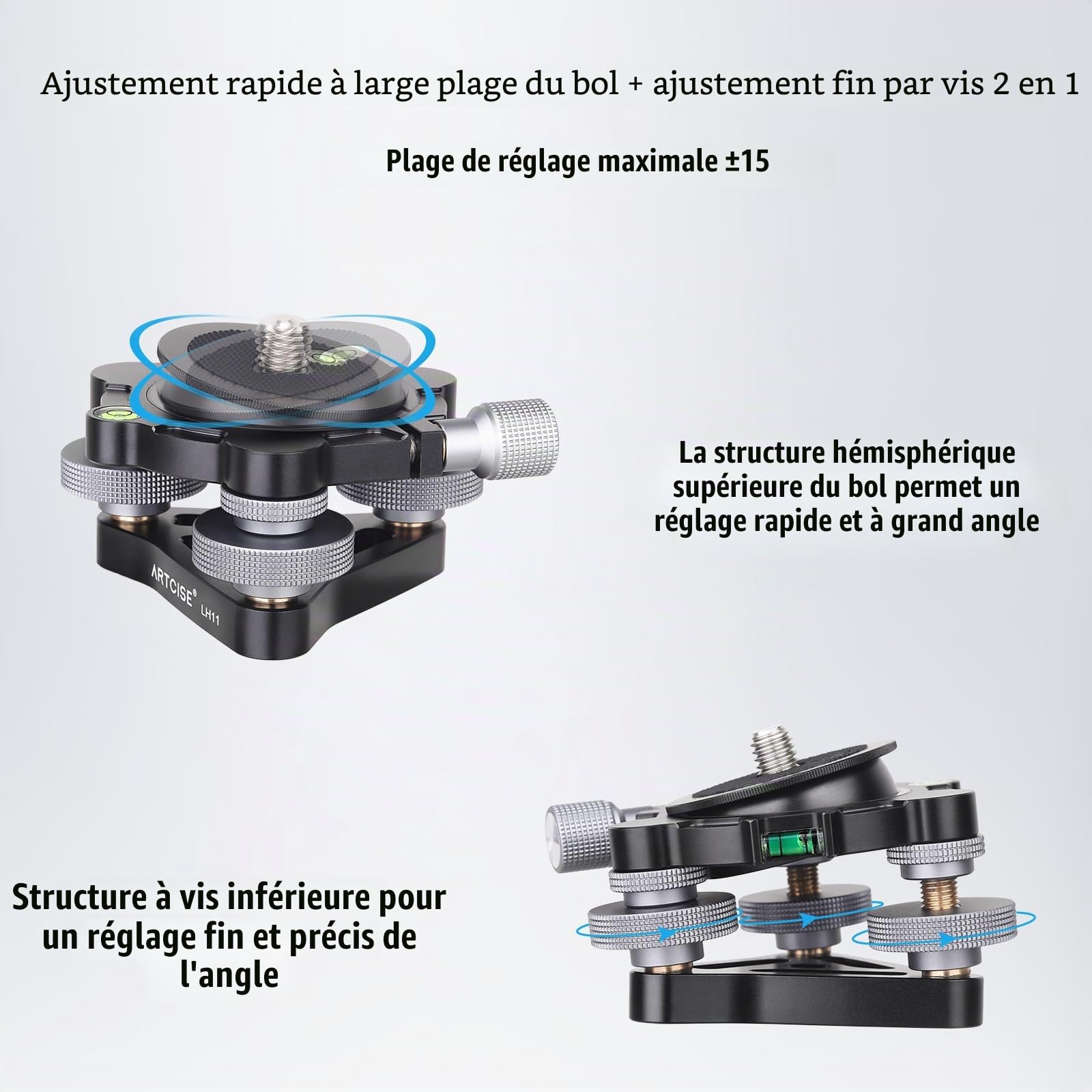 Base de nivellement à Trois Pieds de diamètre ∅85 mm, tête de nivellement avec Inclinaison -15°/15°, avec 3 Niveaux à Bulle et 3 Roues, réglage de précision -5°/5°, Charge maximale 15 kg