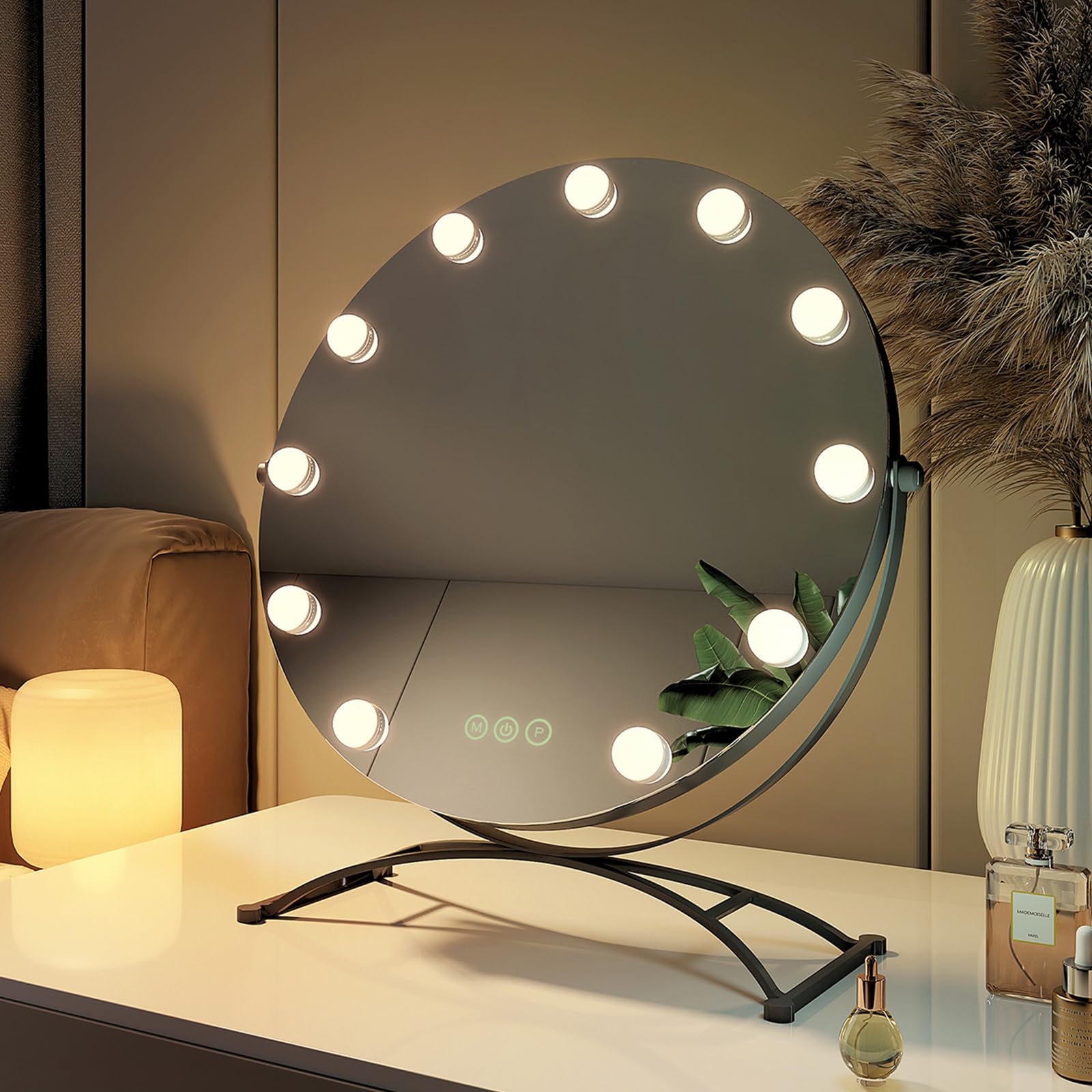 Hollywood ronde make-upspiegel met LED-licht vrijstaande kaptafel verlichting grote tafelblad cosmetische spiegel met 360 ° rotatie en touch dimbaar 3 kleuren ideaal voor slaapkamer en woonkamer Ro