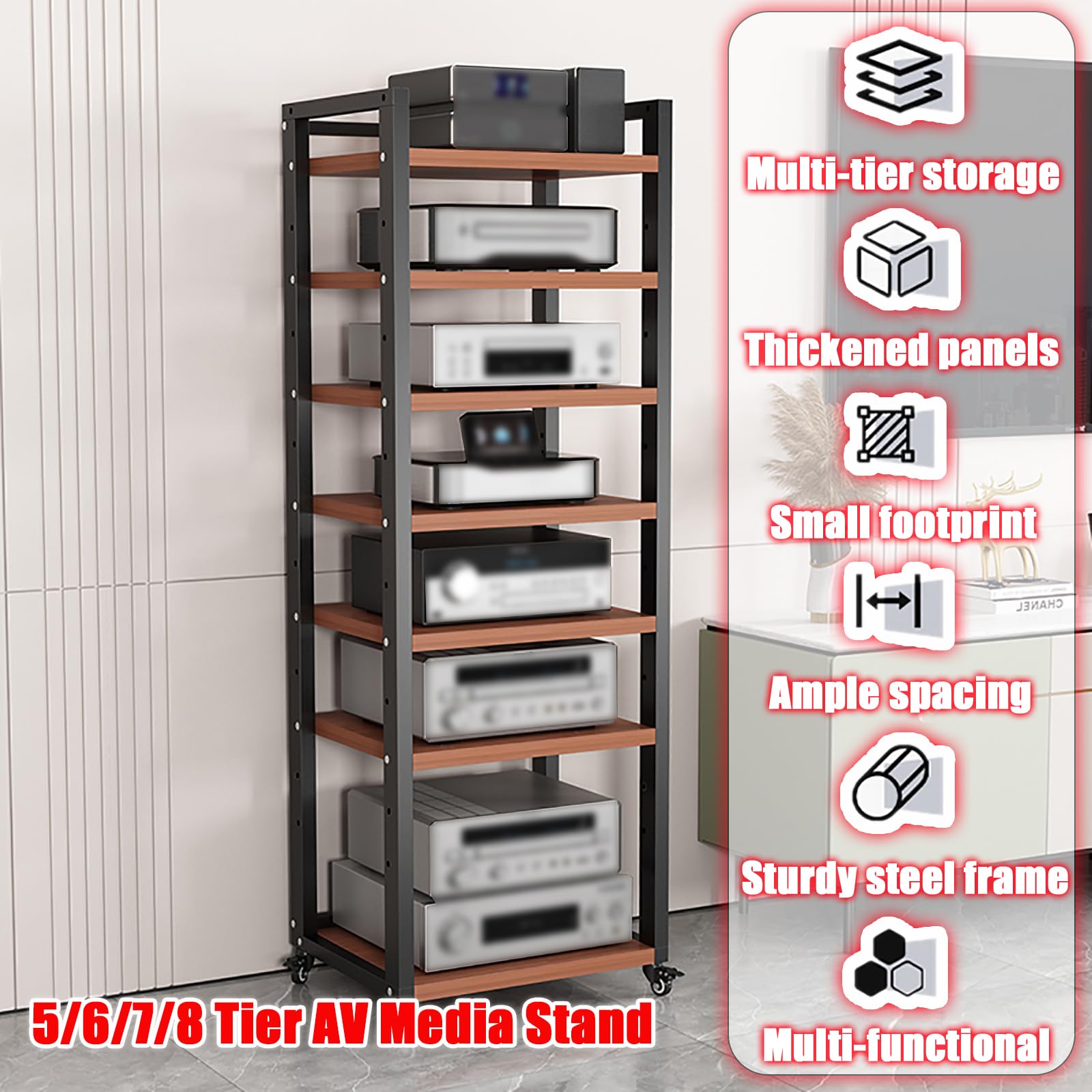 Scaffale stereo regolabile con ruote, supporto per componenti audio a 6 livelli, versatile scaffalatura per dispositivi multimediali, robusta struttura in noce per home theater, 60 x 40 x 161 cm