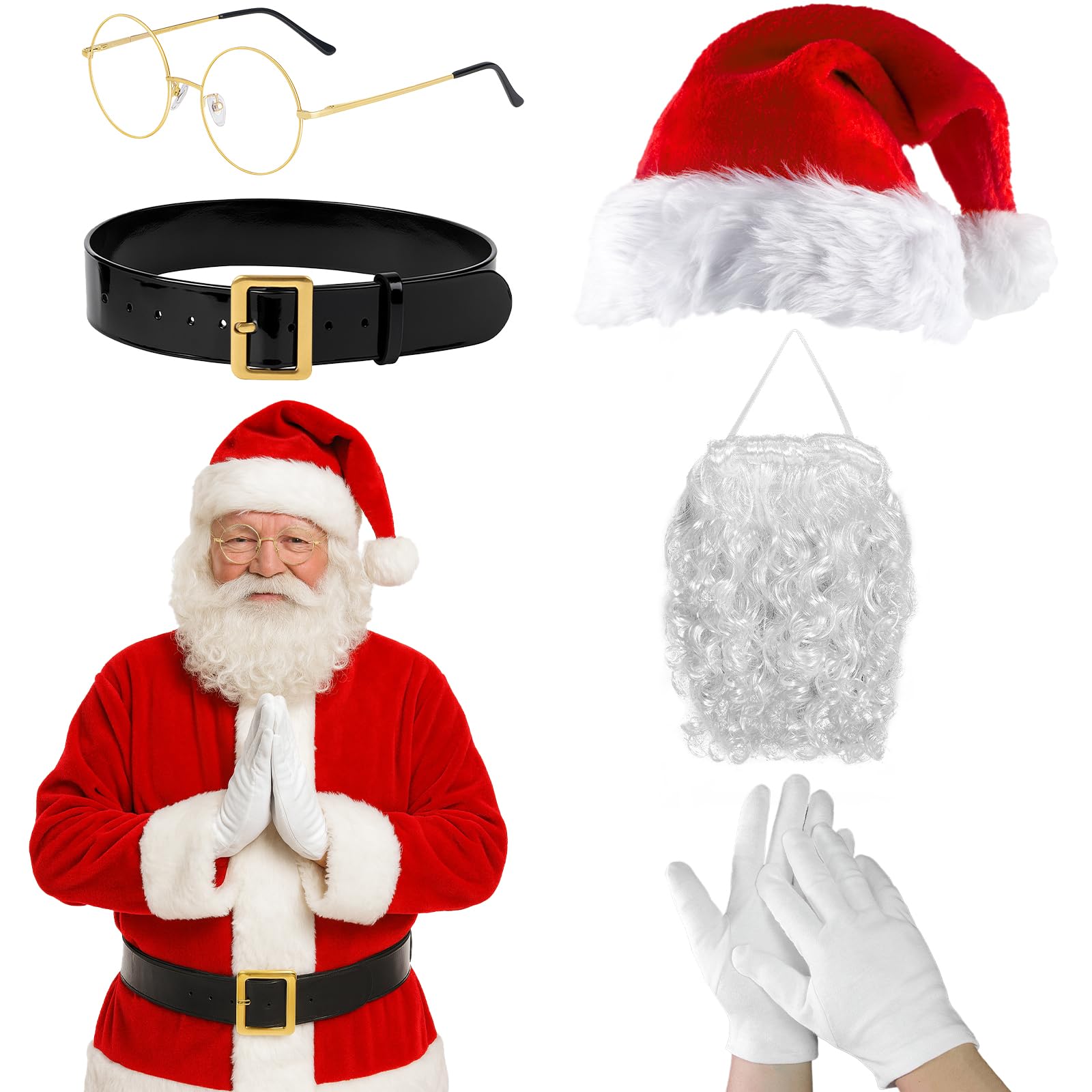 MUNSKT Santa Costume Set, Santa Hats Beard Wig Glove Glasses and Belt, One Size for Adults Halloween Christmas