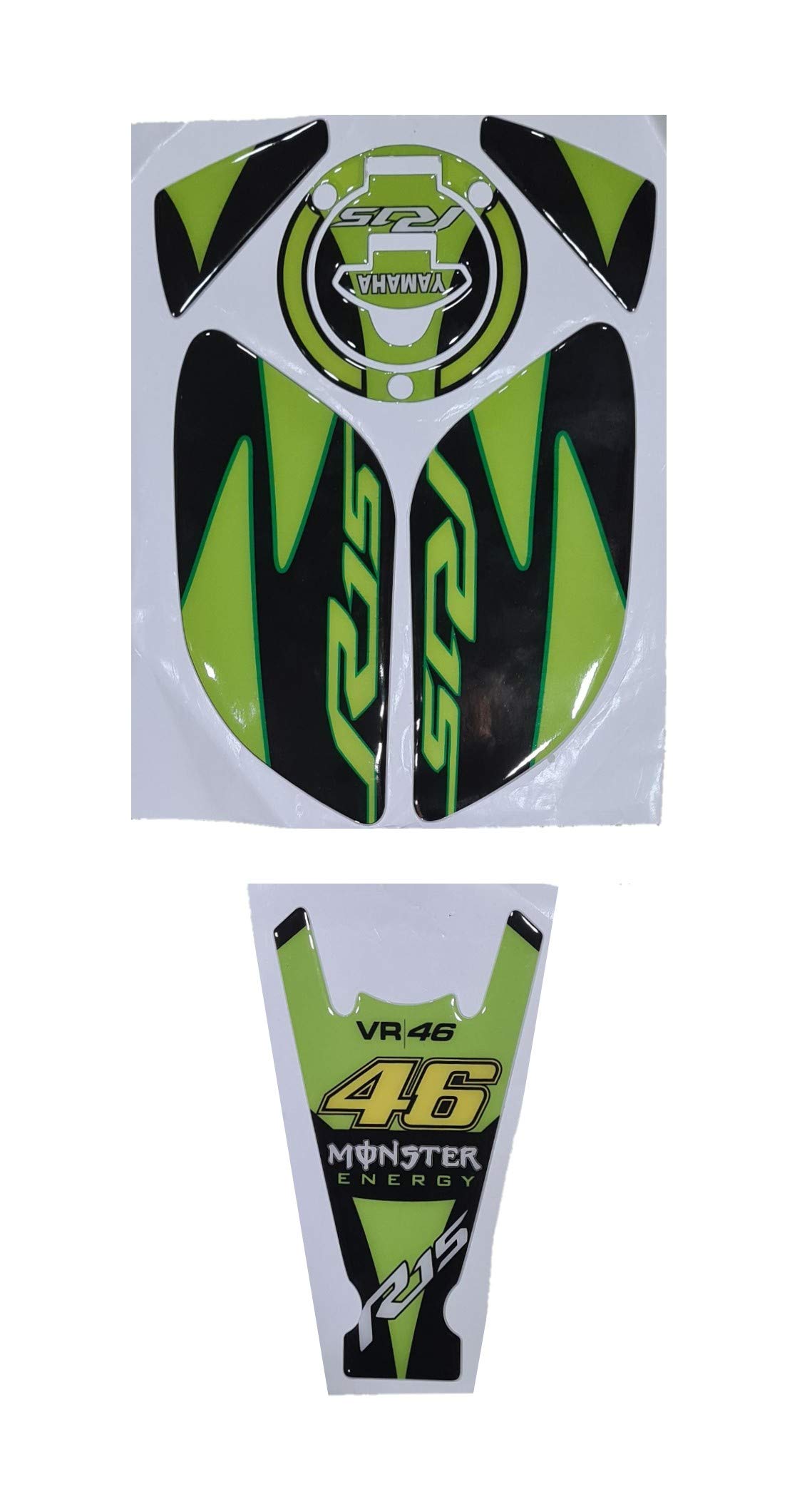 Open Throttle Racers Yamaha R15 V3 Compatible Bat Style Tank Pad Combo With Knee Pad VR46 ME Theme Green-Black