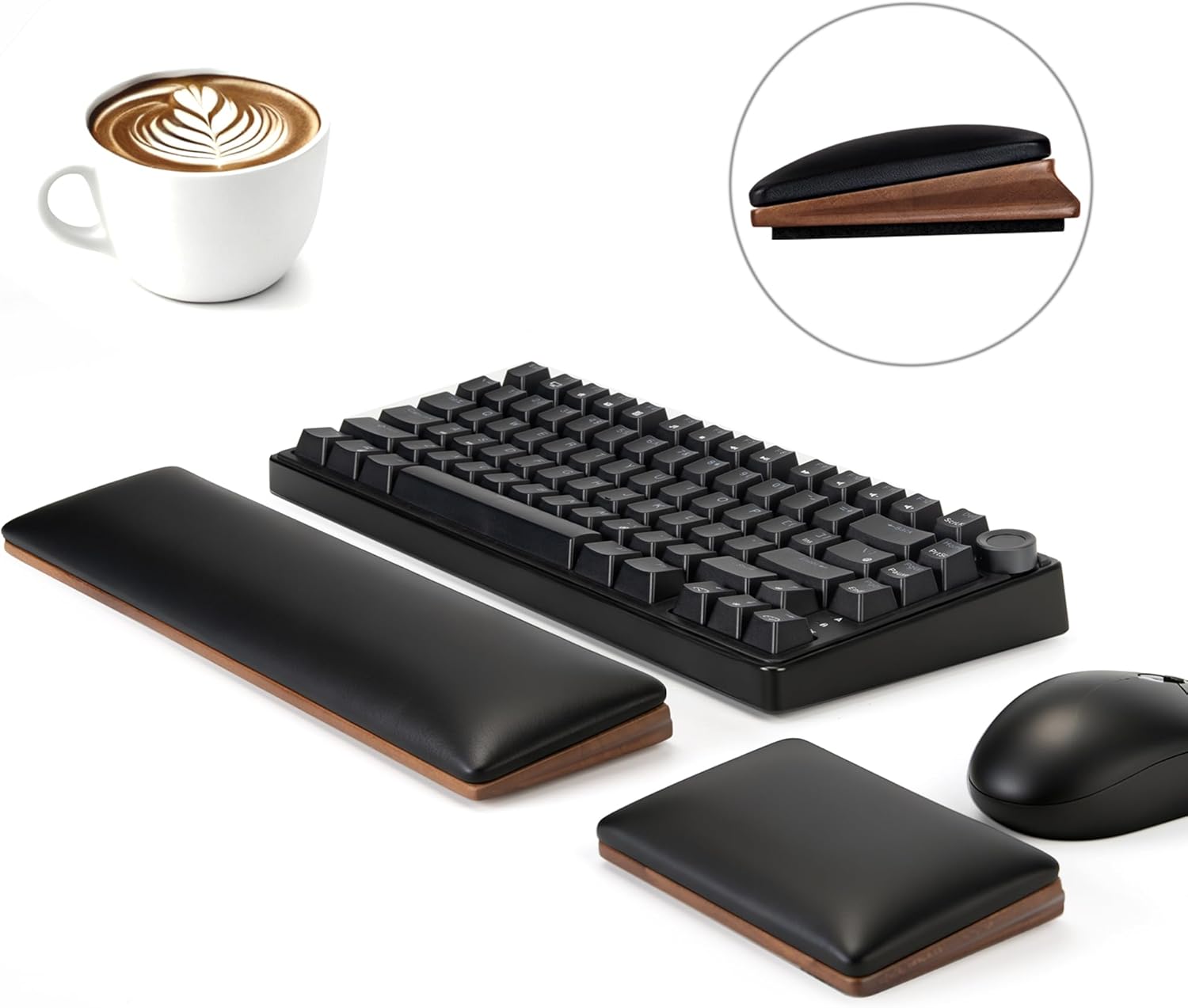 ASFSKY Keyboard and Mouse Wrist Rest Set for 60%-75% Compact Keyboards – Ergonomic Wooden Support Pad with PU Leather & Memory Foam, Anti-Slip Rubber Base for Gaming, Office & Typing Pain Relief