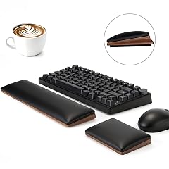 ASFSKY Keyboard and Mouse Wrist Rest Set for 60 -75 Compact Keyboards Ergonomic Wooden Support Pad with PU