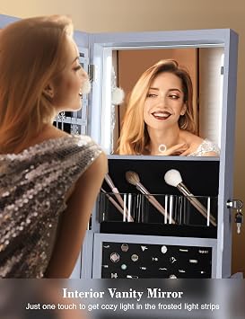 Nicetree 360 Swivel Jewelry Cabinet with Lights, Mirror Jewelry Cabinet Standing, Interior Vanity Mirror, Rotatable Full Length Mirror with Jewelry Storage, Standing Jewelry Armoire Organizer, Grey