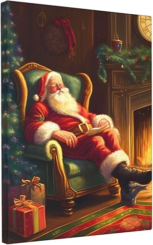 WEASYYDS Lienzo decorativo para pared de Papá Noel para dormir, chimenea, decoración de invierno, póster de Papá Noel, pintura para el hogar,