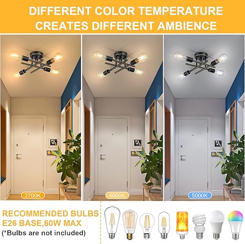 Miniatura 3 de SunRider Lámpara de techo industrial de 4 luces semiempotradas, luces de techo de bronce aceitado, candelabro Sputnik de metal retro para sala de