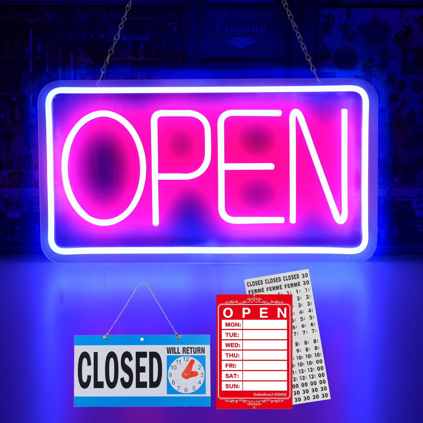 OPEN Letreros LED de Neón, 42 x 22 cm, Letreros Abiertos Iluminados, Tablero de Publicidad, Letrero Eléctrico Alimentado por USB, Ajustable, Brillante, Para Tiendas, Ventanas Horizontal
