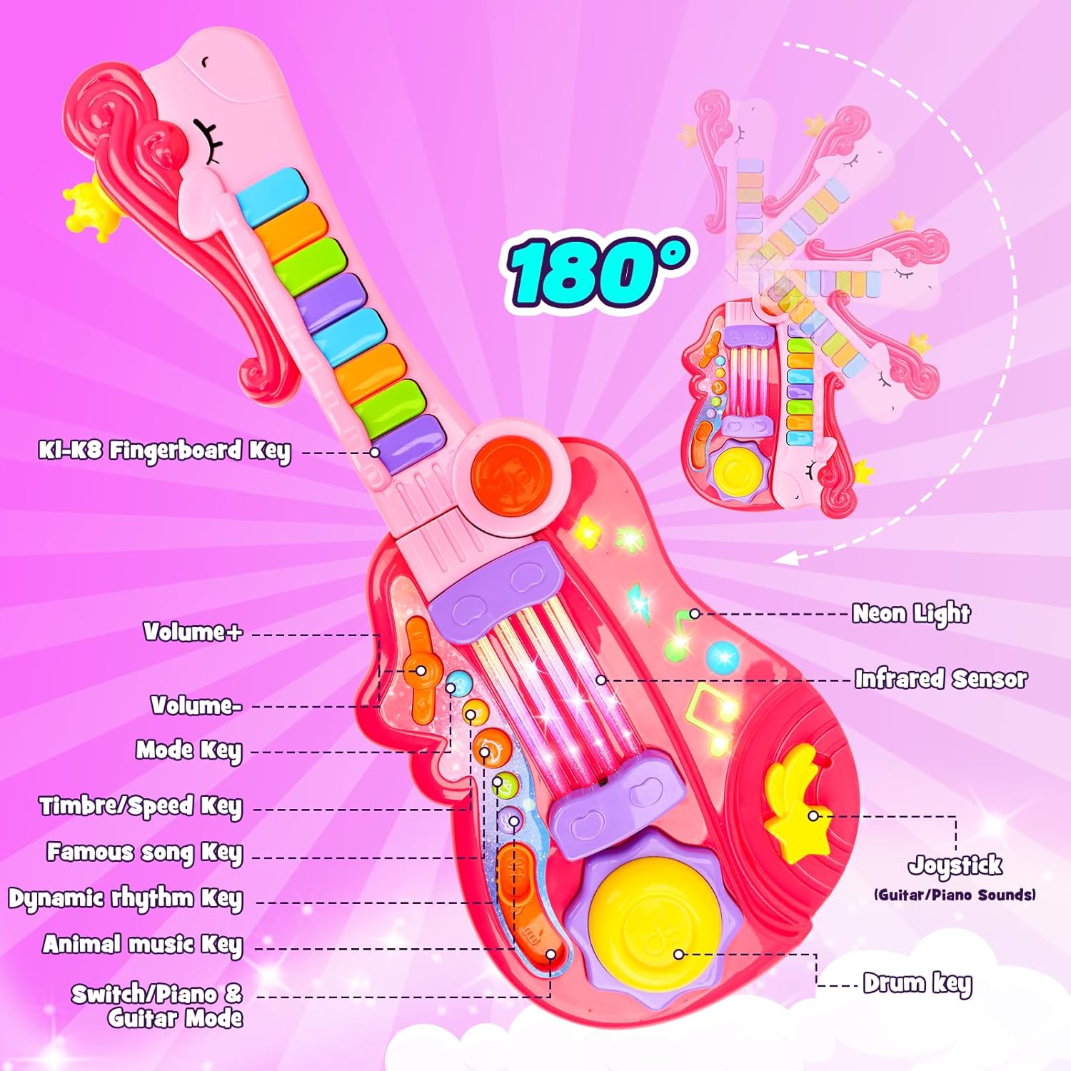 Kids Guitar Toy for 3 Year Old Girl Gift 2-in-1 Electric Guitars with Piano Mode for Toddlers Light Up Music Toys for 3 4 5 Year Old Girls Boys Gifts