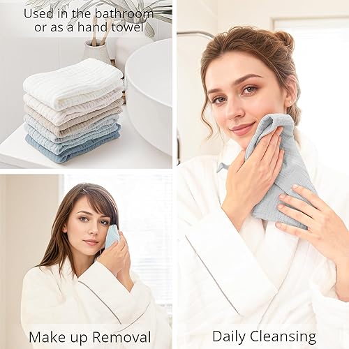 Miniatura 3 de Konssy Paquete de 6 paños de lavado suave para lavar la cara, toallas faciales de algodón para pieles sensibles, removedor de maquillaje facial,