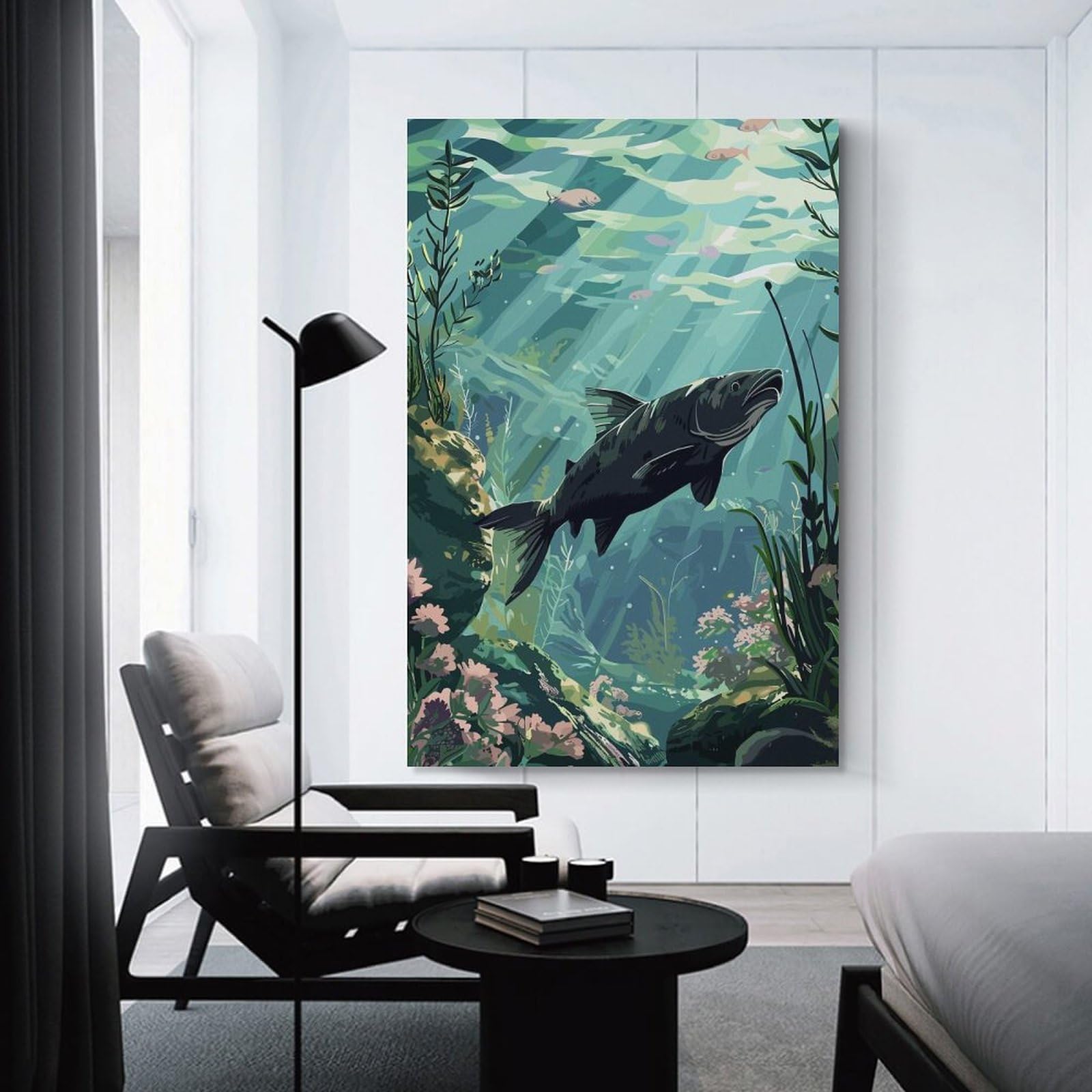 Junmoney Fish Swimming Underwater Decorative Wall Artwork, 24x36inch(60x90cm), for Home Lounge, Bedroom Or Reading Nook, Eye Catching Artwork for Blank Walls