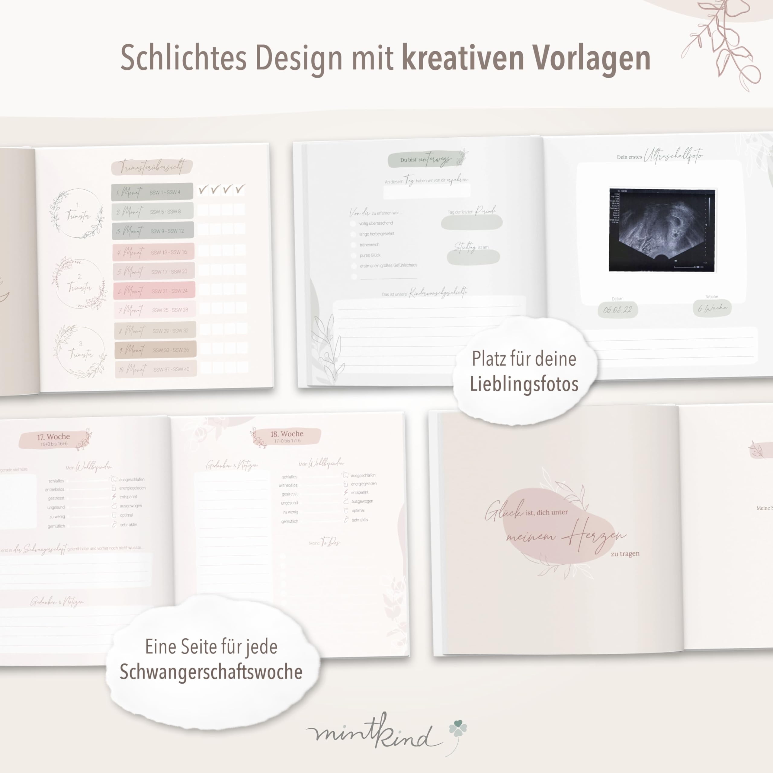 mintkind® Schwangerschaftstagebuch Leinen „Meine Schwangerschaft“ + Sticker Set I Hardcover Tagebuch zum Eintragen I Geschenk für Schwangere und werdende Mütter | Schwangerschaft Fotoalbum Baby Album