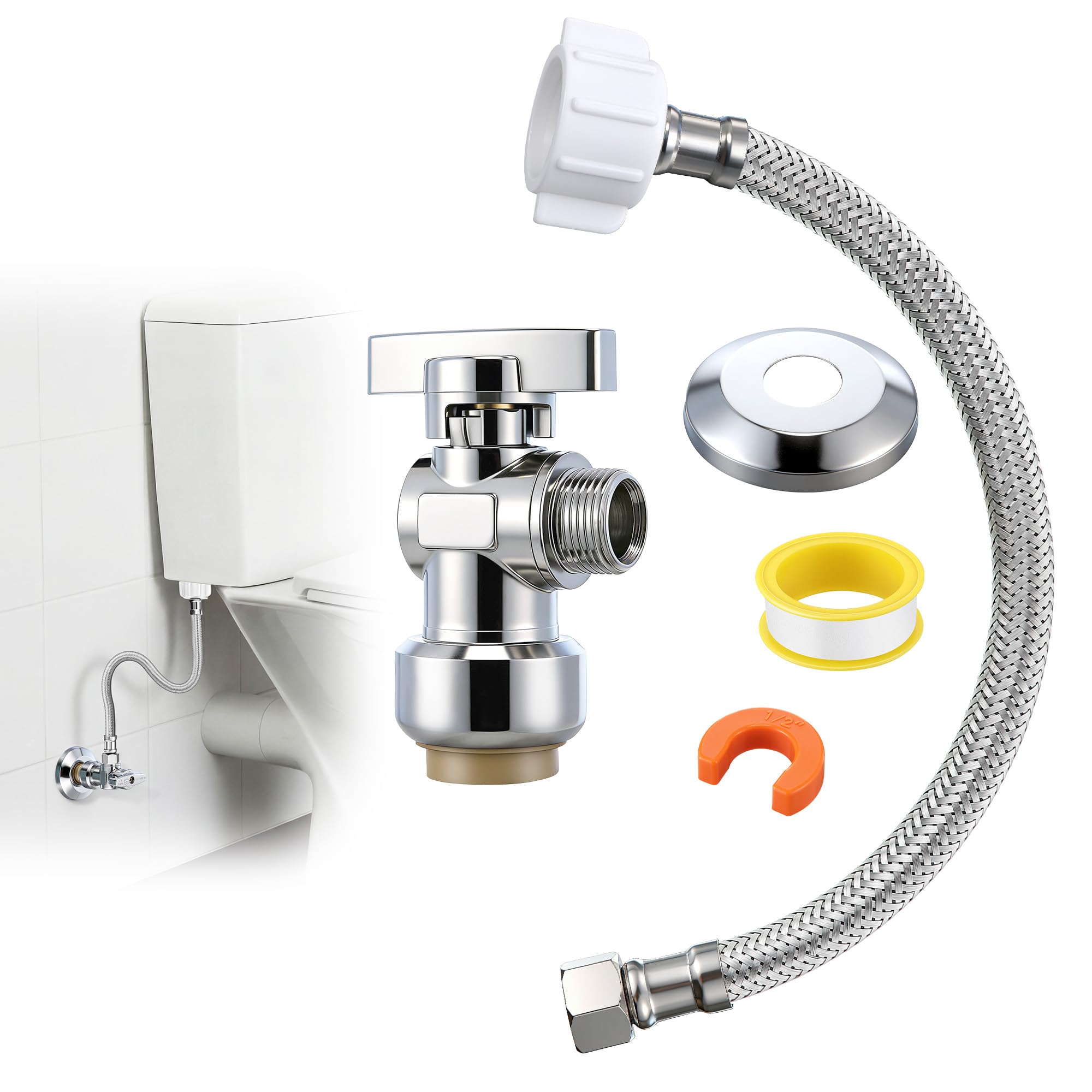 Toilet Shut Off Valve 1/2" PTC x 3/8" OD Compression 12" Supply Line kit