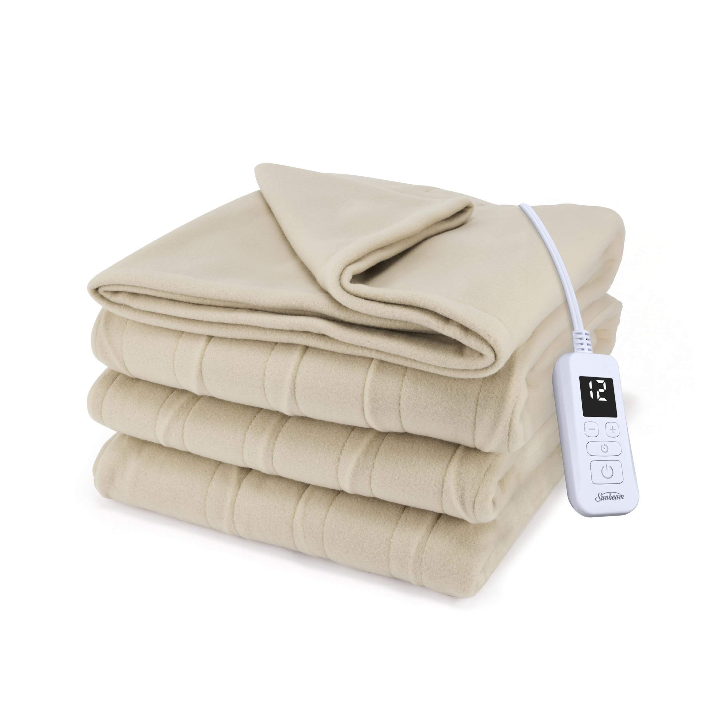 Sunbeam Royal Ultra Fleece Heated Electric Blanket Twin Size, 84" x 62", 12 Heat Settings, 12-Hour Selectable Auto Shut-Off, Fast Heating, Machine Washable, Warm and Cozy, Pebble