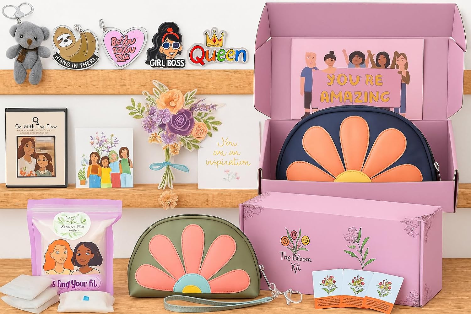 The Bloom First Period Kit for Girls 9-12 – 46 PC Tween Emergency Kit with Cute Sanitary Napkin Storage Bag – Includes Pads, Wipes, Ebook & More (Blue & Green)