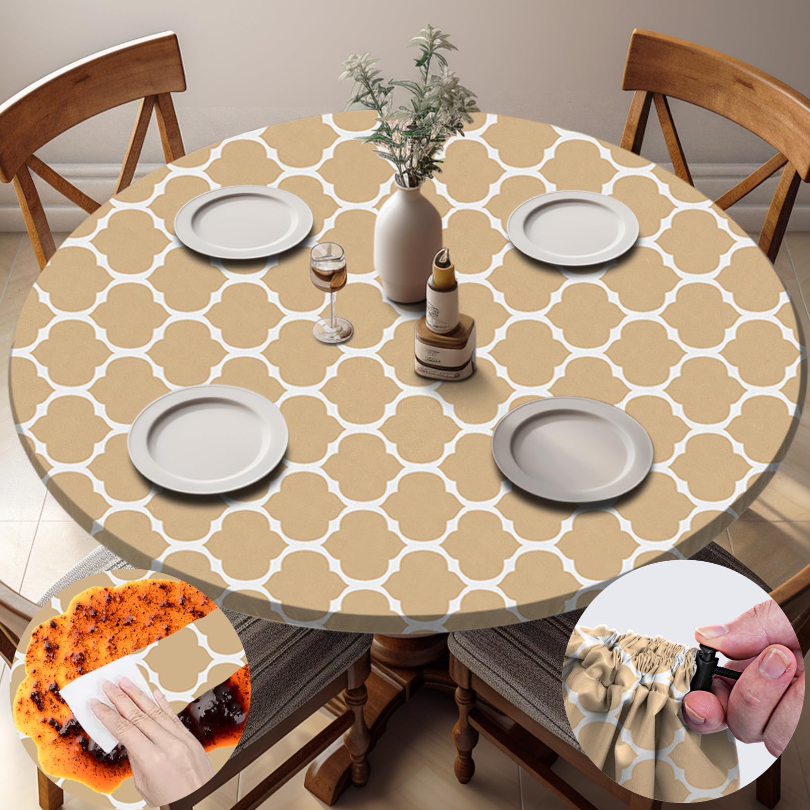 Fitted Round Tablecloth Weather Proof Table Cloth Heavy Duty Polyester Indoor Outdoor Circle Cover for 36-44" Tables Outside Parties Gear Gifts Spring Summer Fall Picnic Garden Necessities