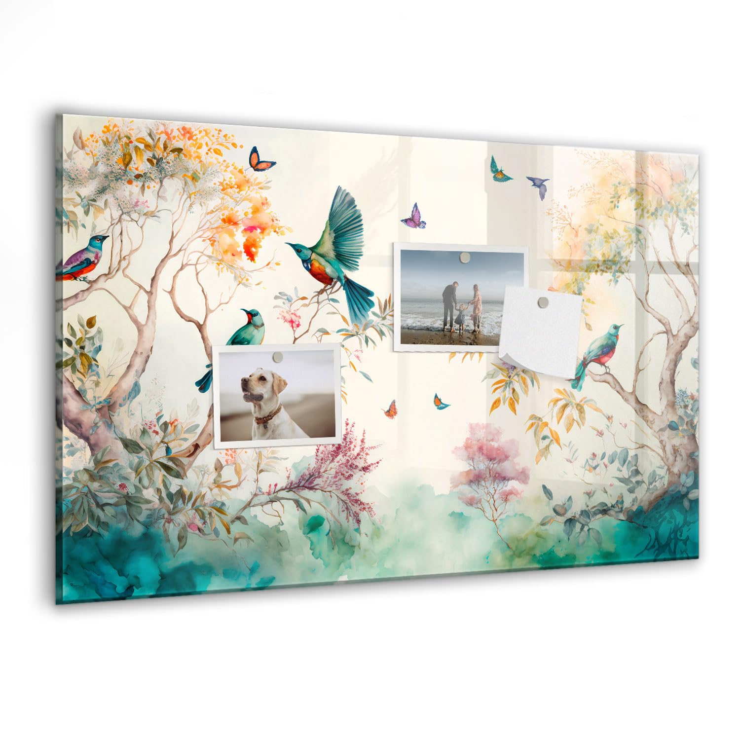 Lavagna magnetica professionale in vetro | Con 5 magneti al neodimio | Lavagna cancellabile resistente per ufficio e casa - 60x40cm - Fiori uccelli natura