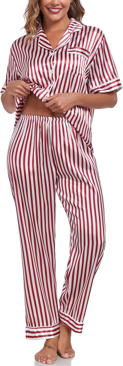 Silk Pajamas for Women Set Short Sleeve Sleepwear Button Down Shirt with Long Pants 2 Piece Striped Soft Pj Set - Image 3