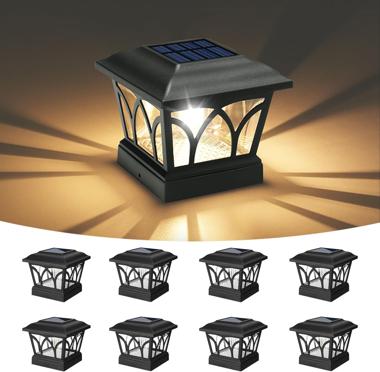 volisun solar post cap lights outdoor 8pack, with edison led bulbs, 2 brightness setting, fence post lights solar powered for garden fence deck mailbox yard porch, fits 4x4 6x6 posts(slate black)