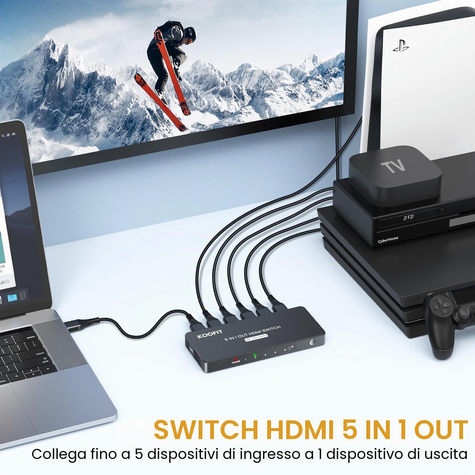 Sdoppiatore HDMI 5 in 1 Automatico Multiconnettore 4K con Telecomando, Commutatore HDMI 5 Porte Supporta 4K 3D UHD per PS5, PS4, PS3, DVD, Blu-ray, Xbox, PC, TV
