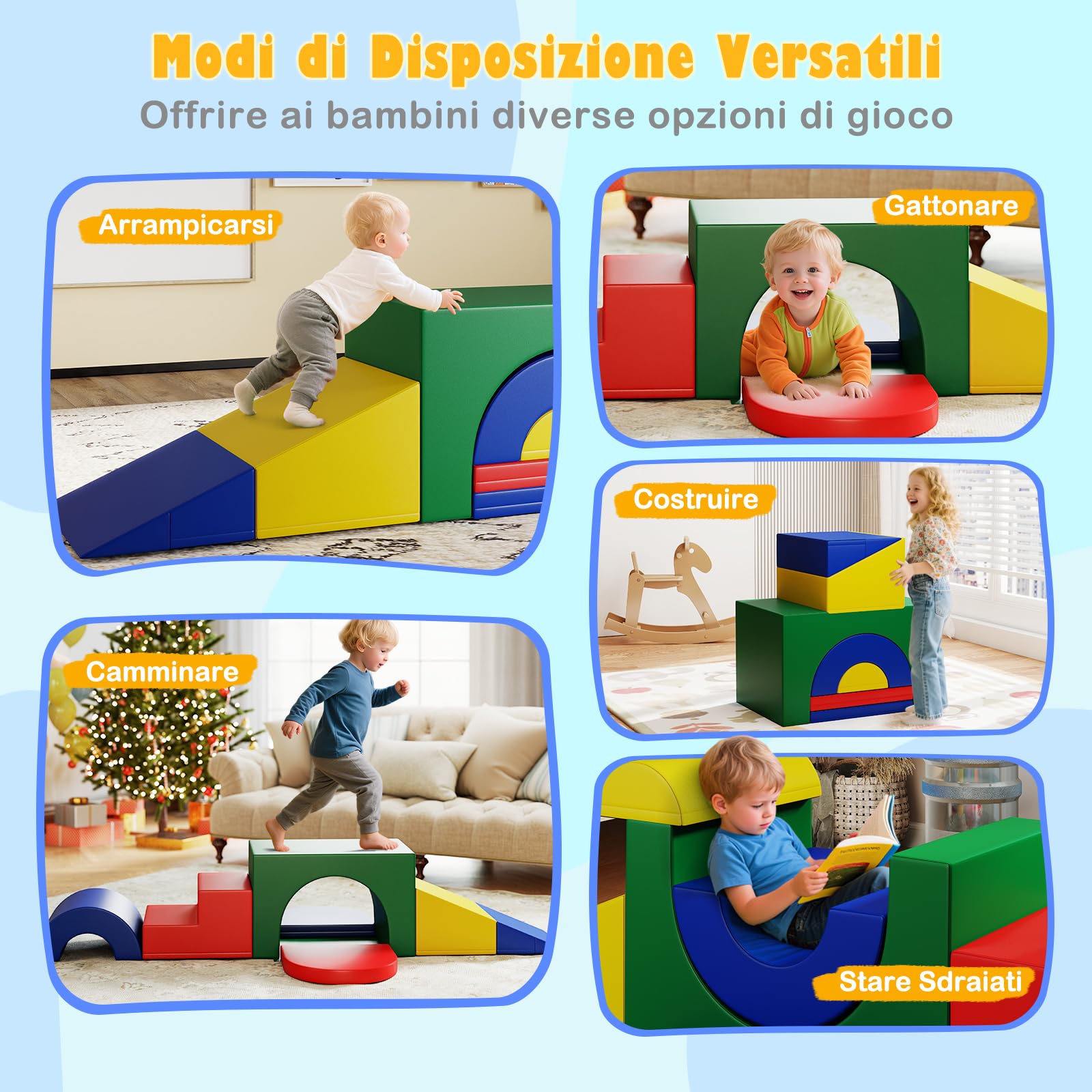 COSTWAY Set di 7 Blocchi da Arrampicata e Strisciamento per Bambini da 1 Anno in Su, Set di Costruzioni in Schiuma da Interno per Bambini a Arrampicarsi, Strisciare e Scivolare (Verde)