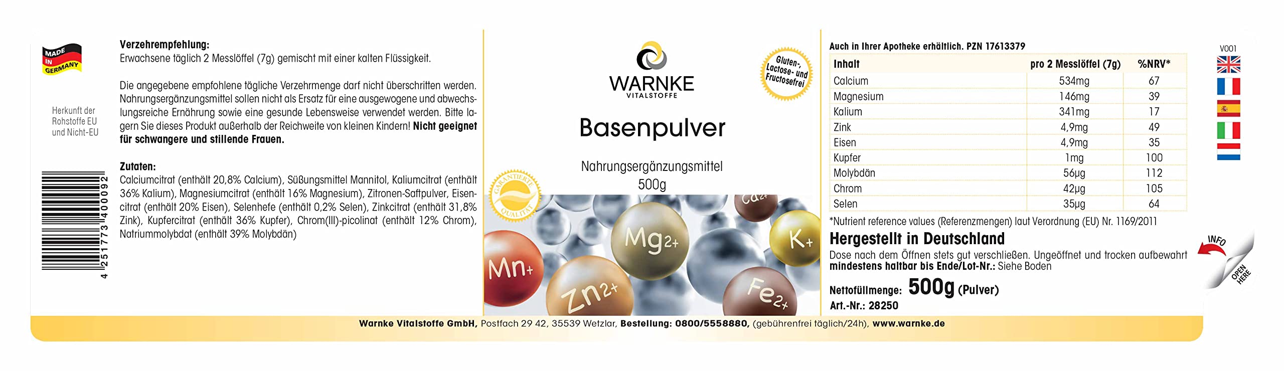 Polvo Alcalino 500g - Con 9 minerales y oligoelementos - Equilibrio ácido-base - Vegano | Warnke Vitalstoffe - Calidad de farmacia alemana