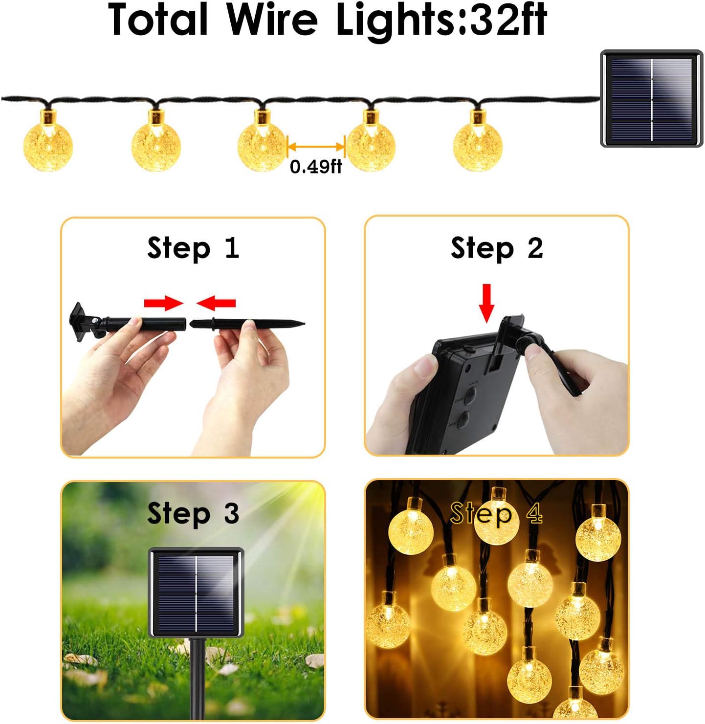 BHCLIGHT 2-Pack 100 LED 32FT Crystal Globe Solar String Lights Outdoor, Waterproof Solar Lights Outdoor Decorative with 8 Modes, Solar Powered Patio Lights for Garden Yard Party Christmas,Warm White
